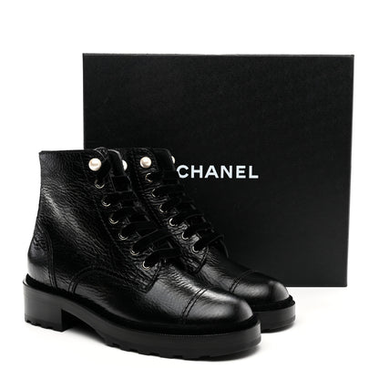 Chanel Shiny Calfskin Velvet Pearl Combat Short Boots 37.5 Black 10 of 10