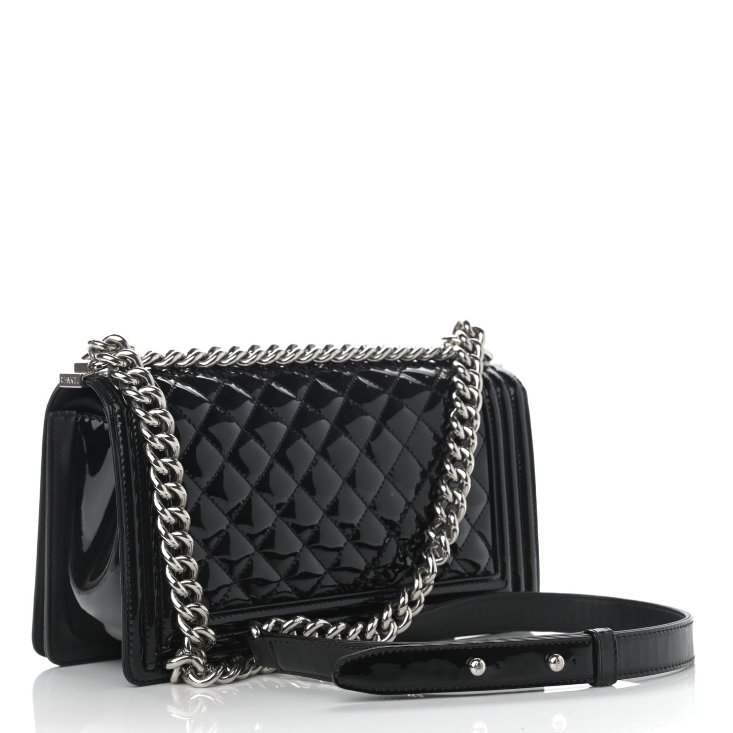 Patent Calfskin Quilted Medium Plexiglass Boy Flap Black