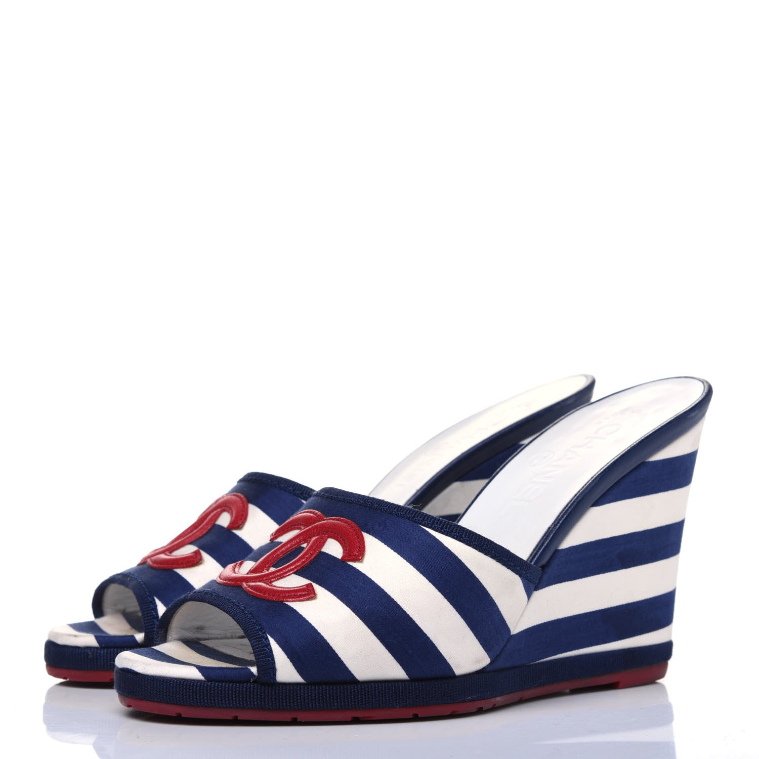 Chanel Canvas Striped Wedge Sandals 36 Red Navy Blue 3 of 13