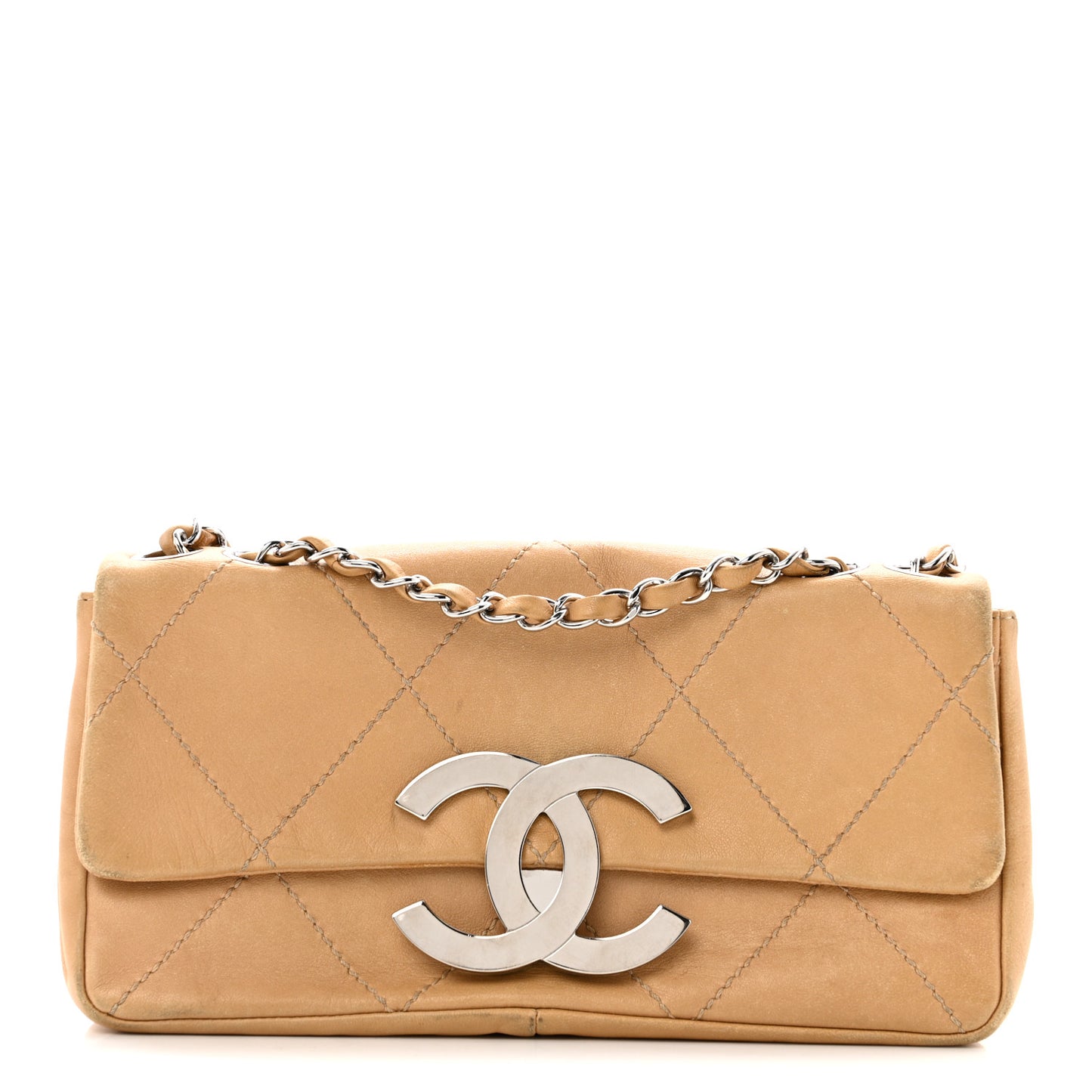 Lambskin Diamond Stitched CC CC East West Flap Beige