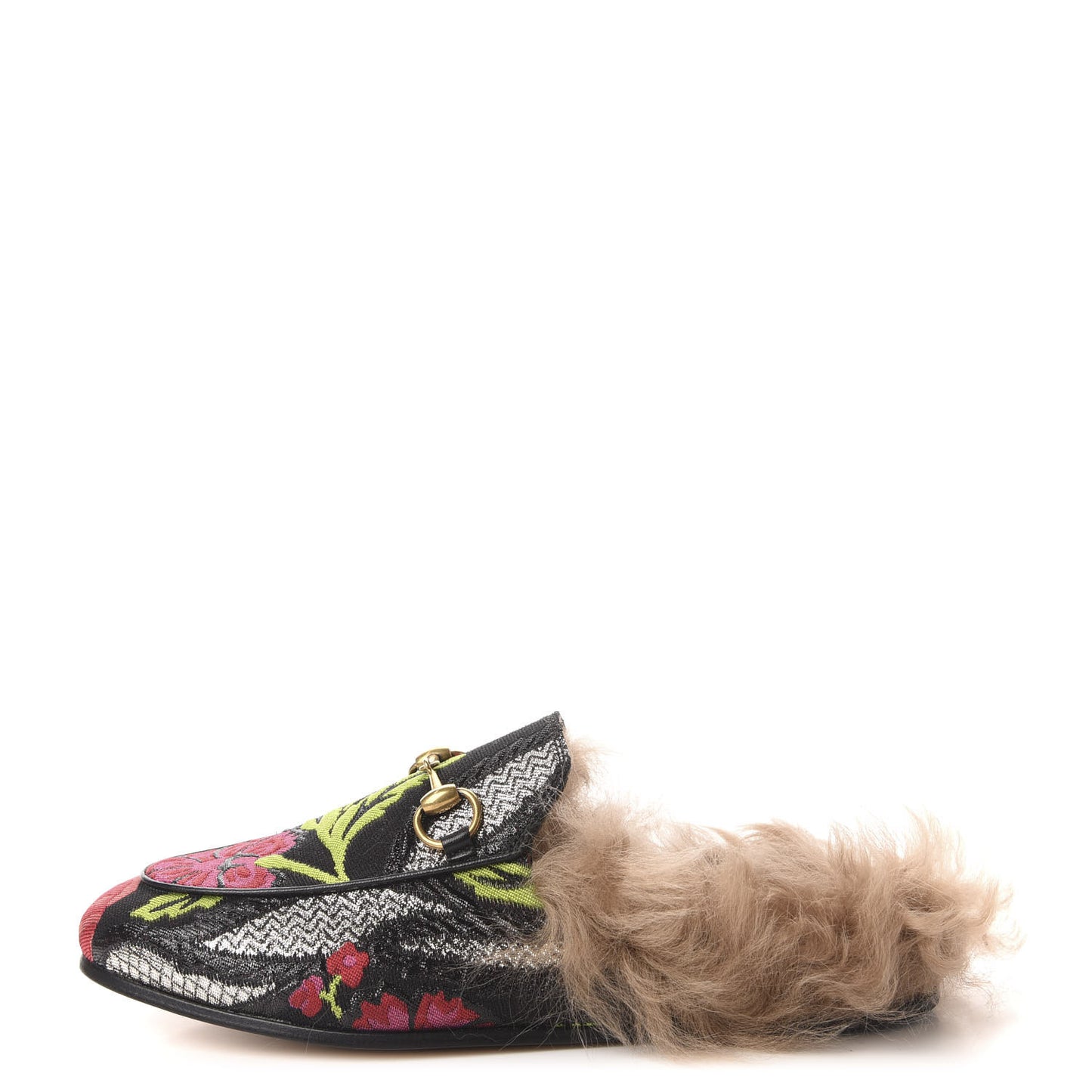 Brocade Fur Floral Womens Princetown Slippers 35 Black Anthracite