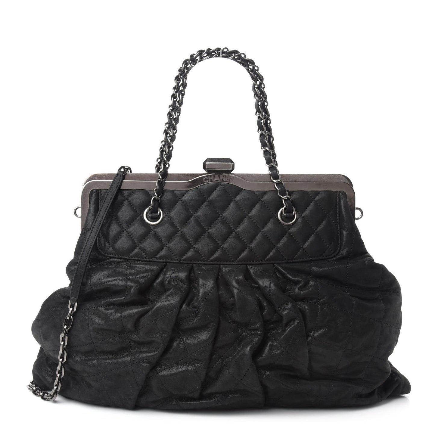 Iridescent Calfskin Chic Quilt Frame Tote Black