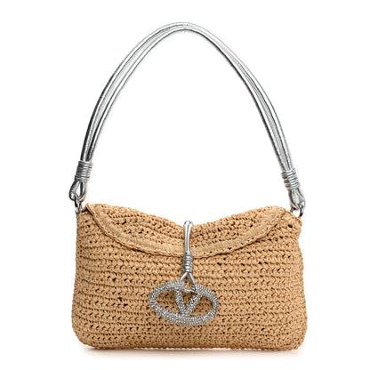 Valentino Garavani Raffia Metallic Calfskin Flap Natural Silver 1 of 7