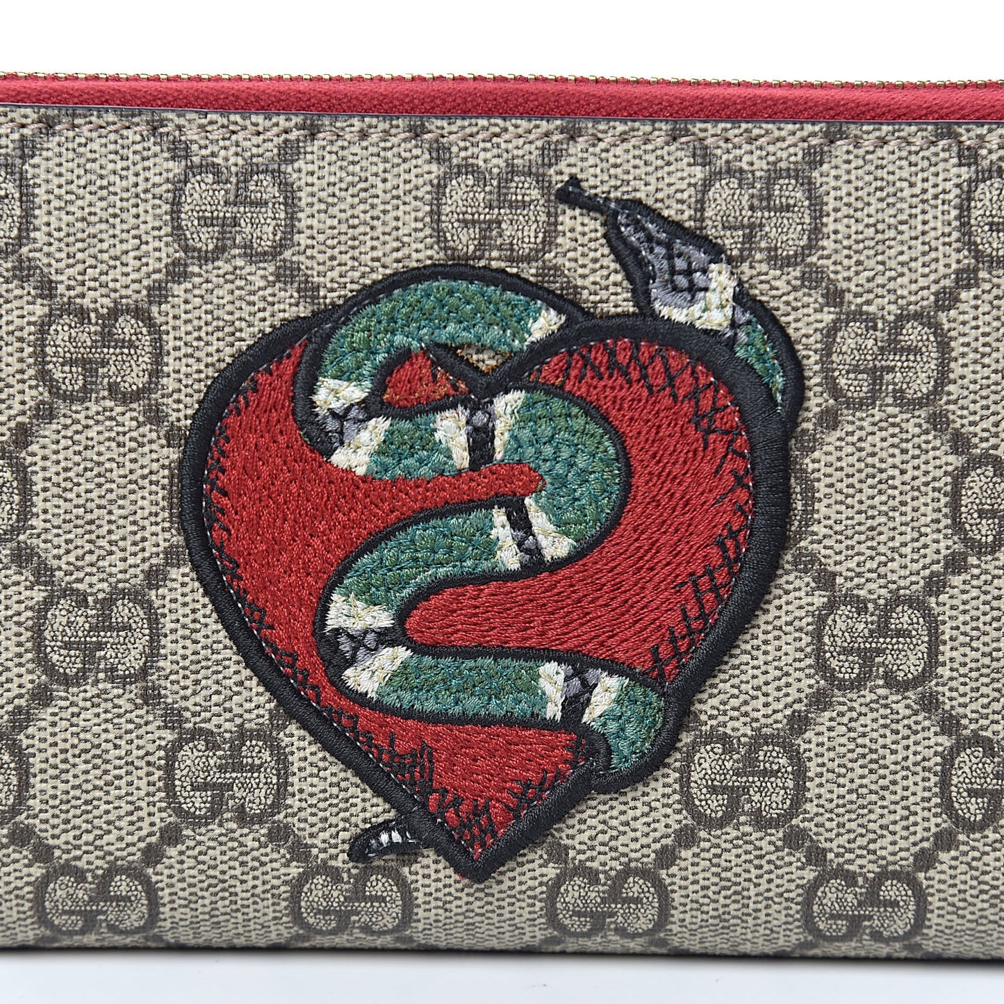GG Supreme Monogram Kingsnake Heart Embroidered Zip Around Wallet Red