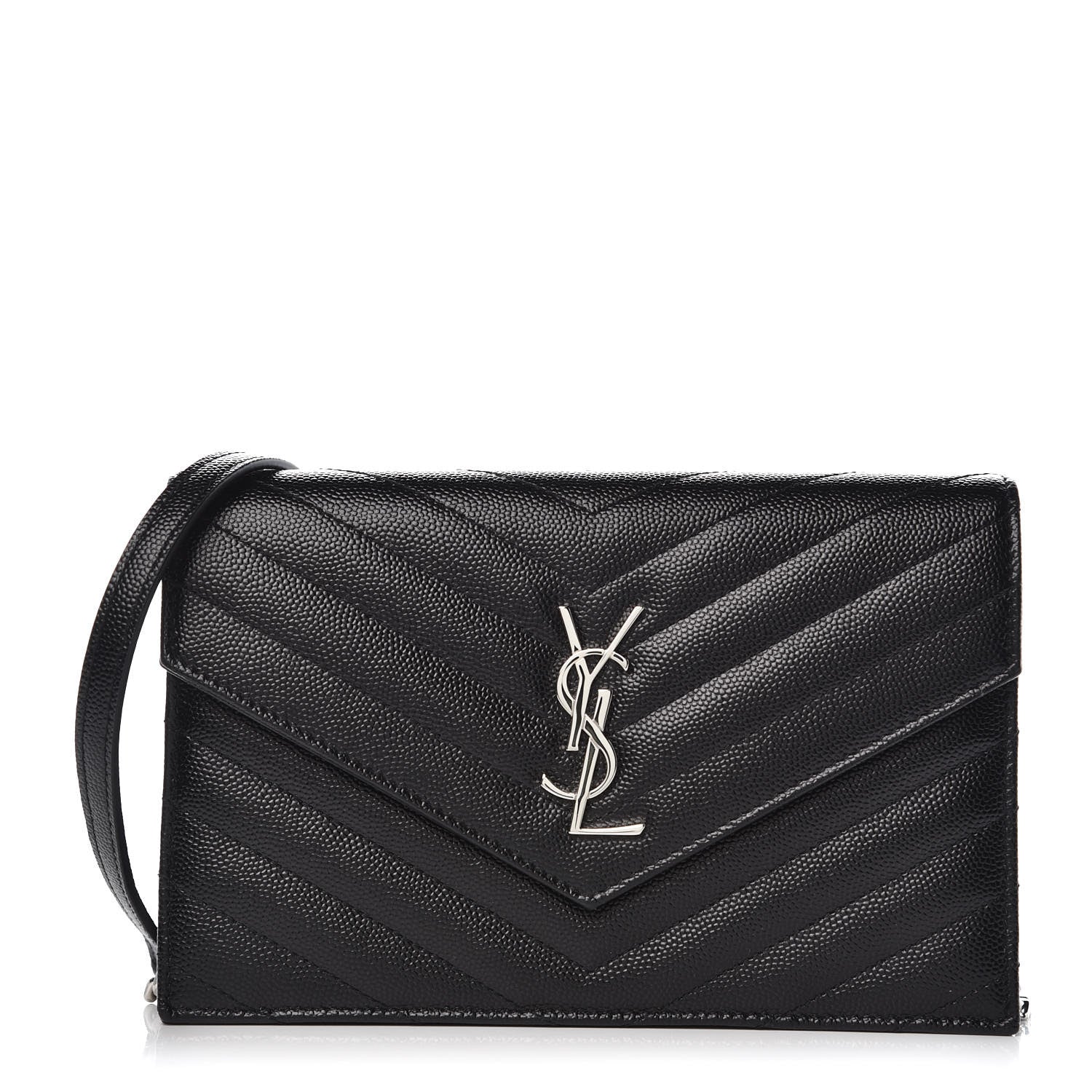 Saint Laurent Grain De Poudre Matelasse Chevron Monogram Envelope Chain Wallet Black 1 of 7