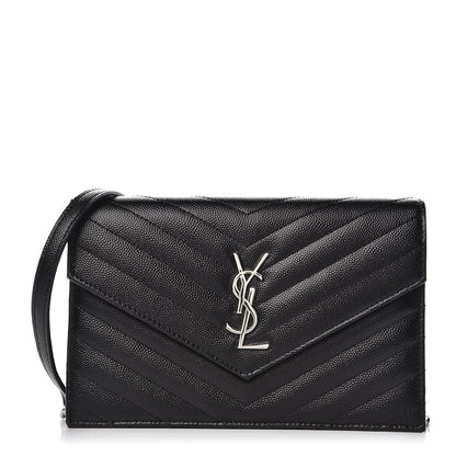Saint Laurent Grain De Poudre Matelasse Chevron Monogram Envelope Chain Wallet Black 1 of 7
