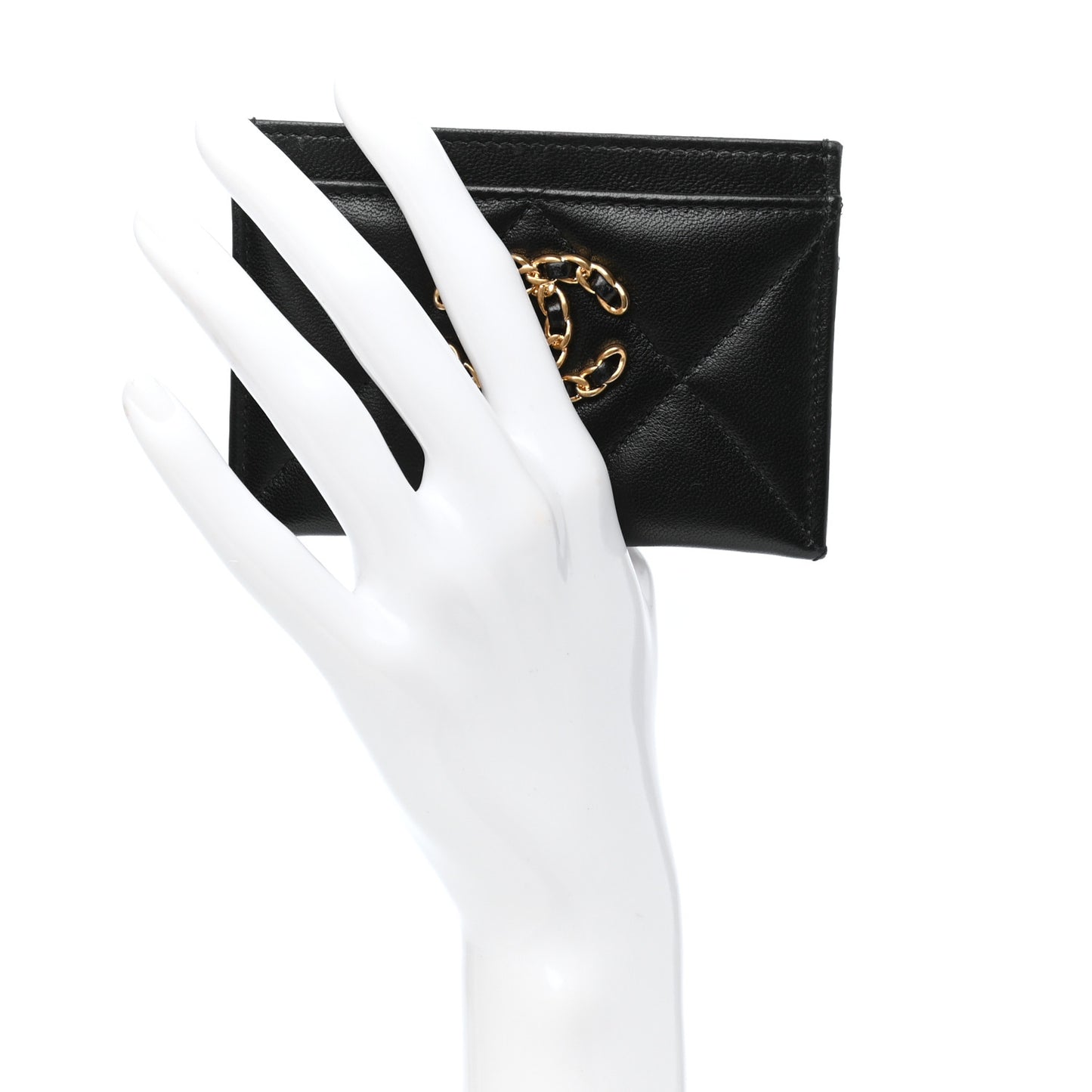 Shiny Goatskin Quilted Chanel 19 Card Holder Black