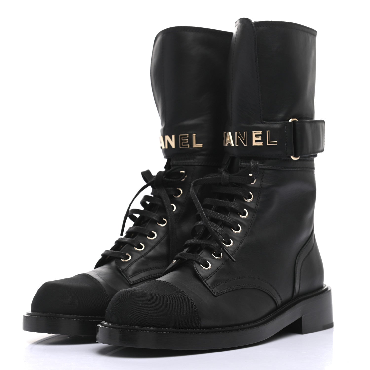 Chanel Shiny Calfskin Lace Up Combat Boots 38.5 Black 2 of 7