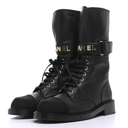 Chanel Shiny Calfskin Lace Up Combat Boots 38.5 Black 2 of 7