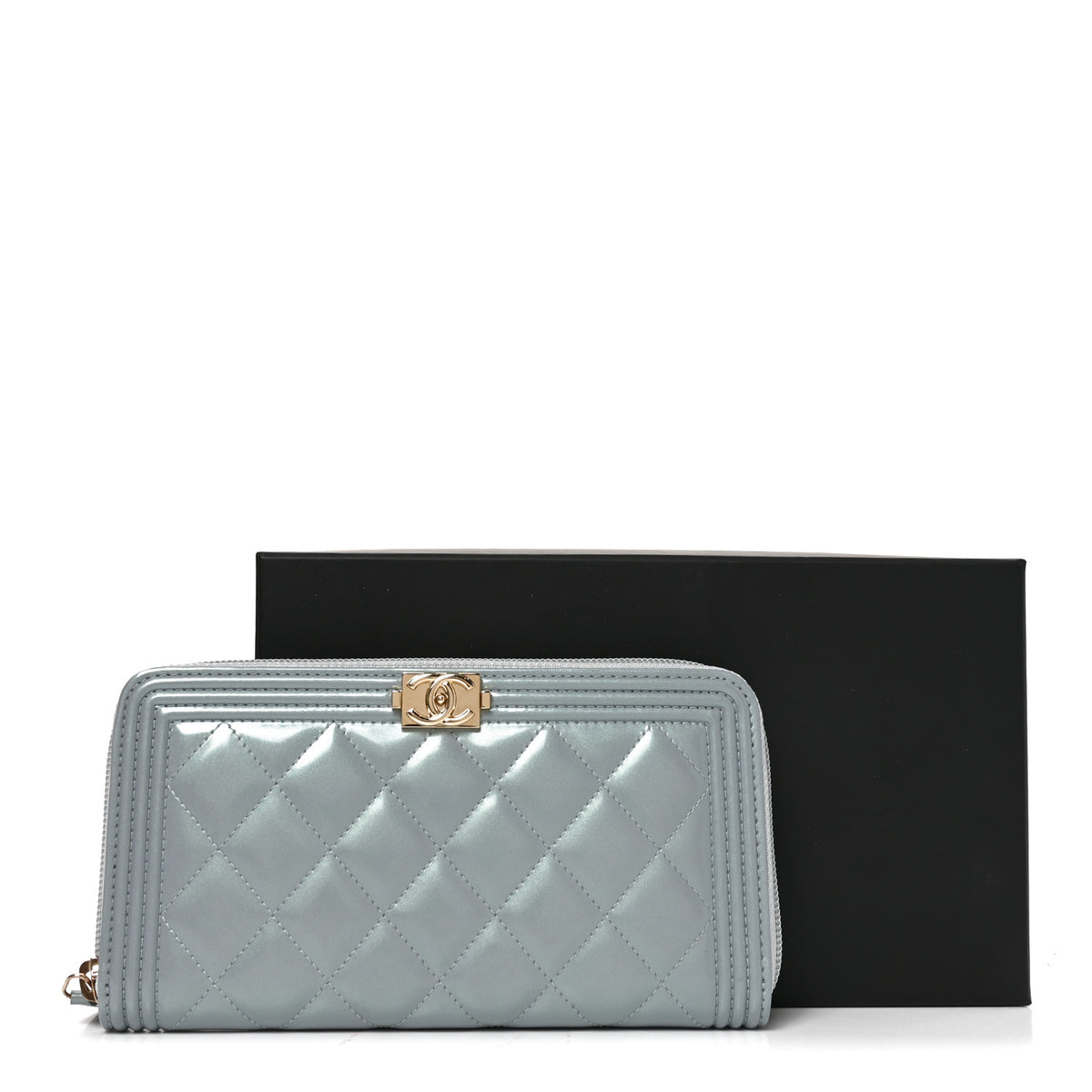 Metallic Patent Quilted Boy Zip Around Wallet Light Blue