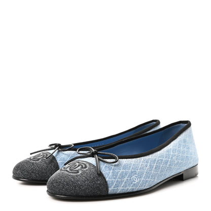 Chanel Denim Printed Quilt CC Cap Toe Ballerina Flats 37.5 Light Blue Dark Grey 4 of 10