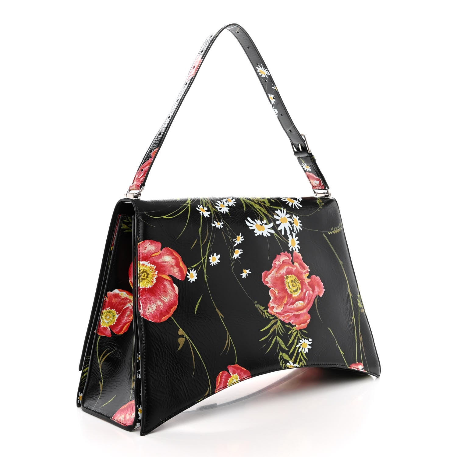 Balenciaga Shiny Paper Calfskin Floral Print Large Crush Sling Bag
