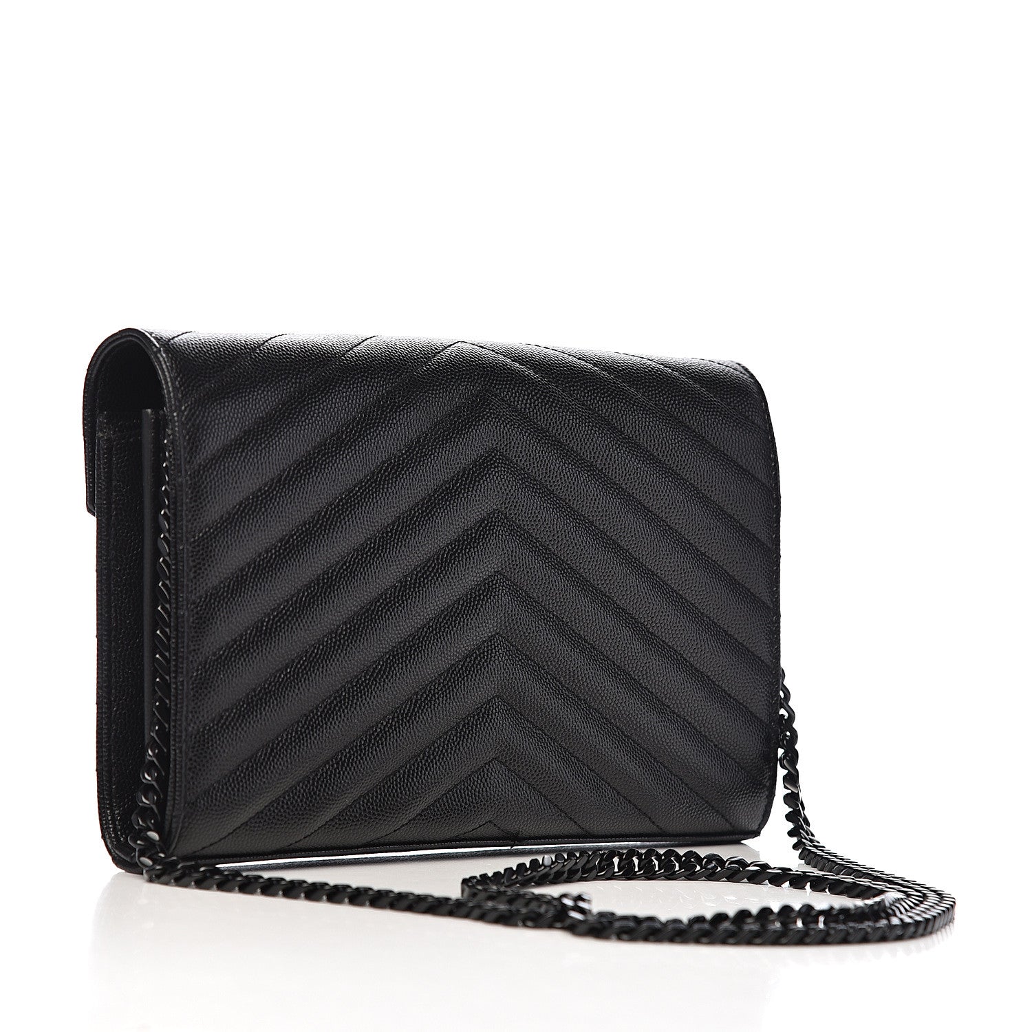 Saint Laurent Grain De Poudre Matelasse Chevron Monogram Chain Wallet Black 3 of 12