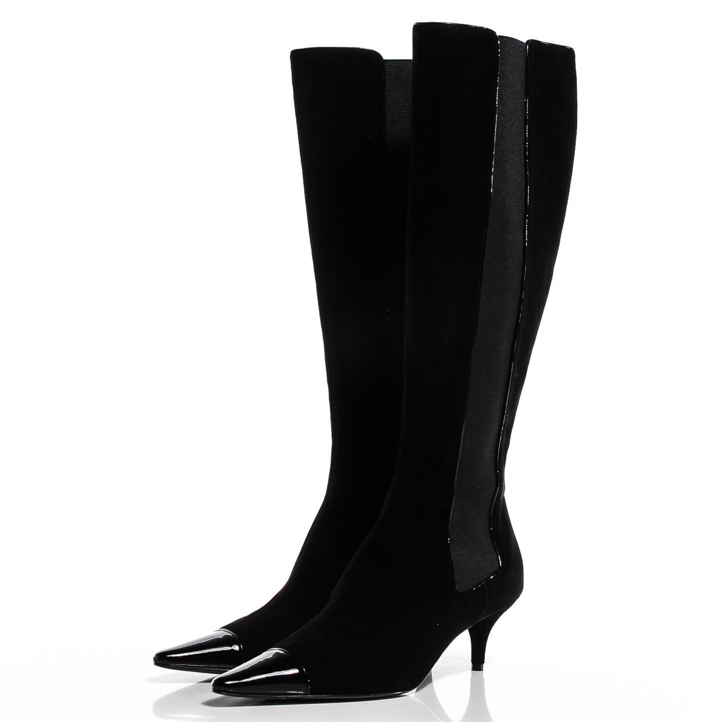 Suede Patent Cap Toe Knee High Boots 38 Black