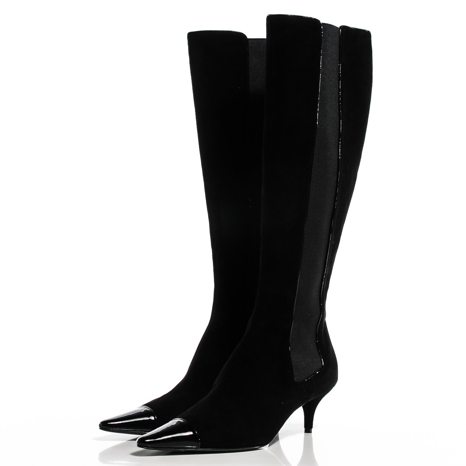 Chanel Suede Patent Cap Toe Knee High Boots 38 Black 3 of 6