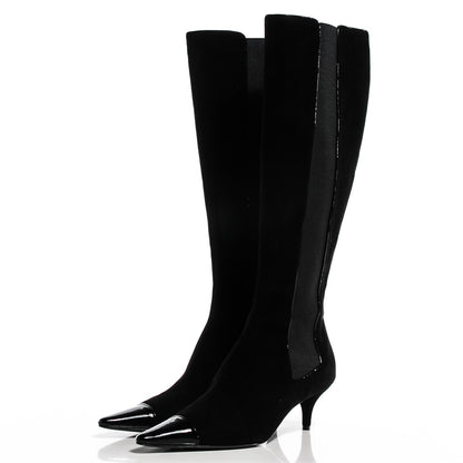 Chanel Suede Patent Cap Toe Knee High Boots 38 Black 3 of 6