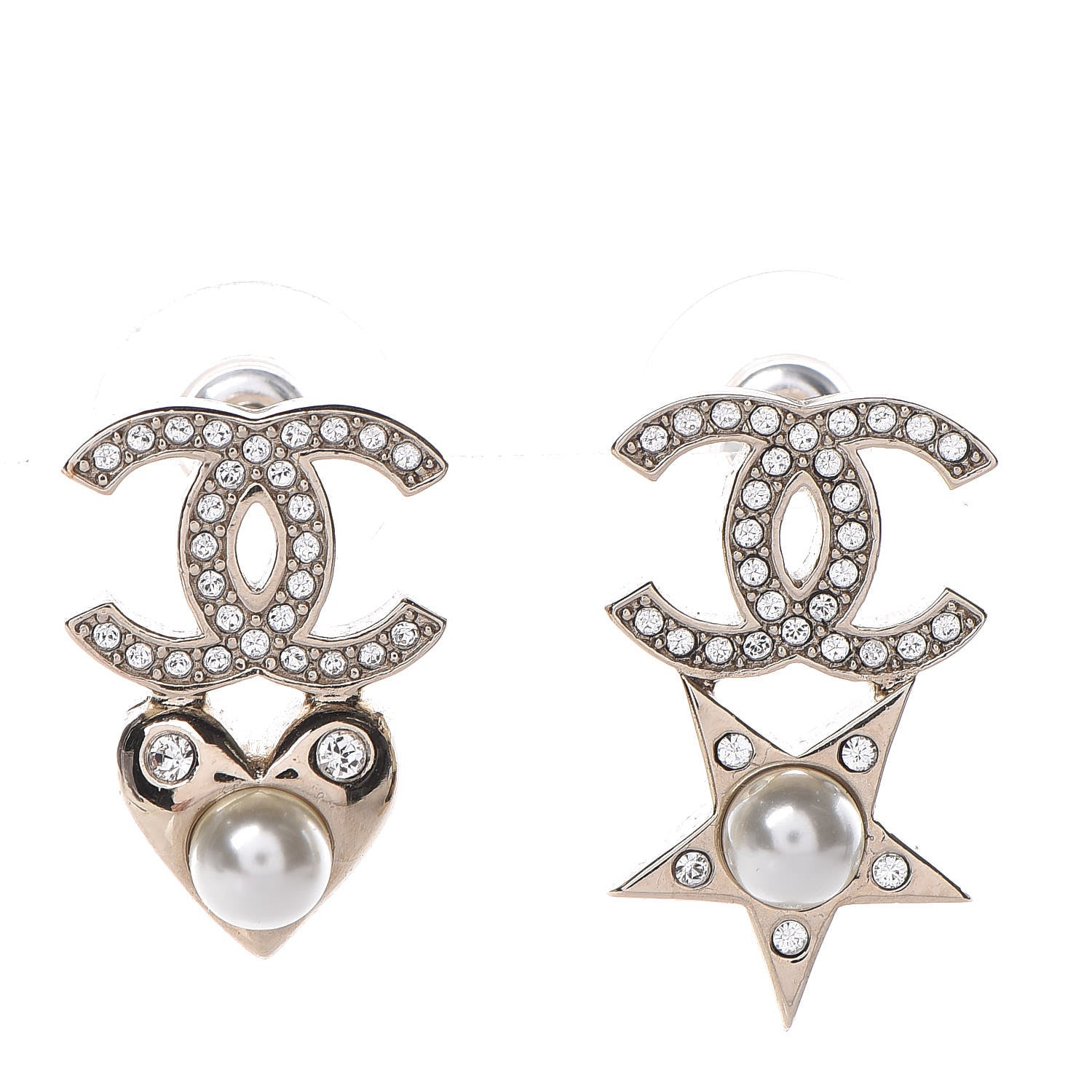 Chanel Crystal Pearl Charming Winter CC Star Heart Earrings Gold 1 of 5