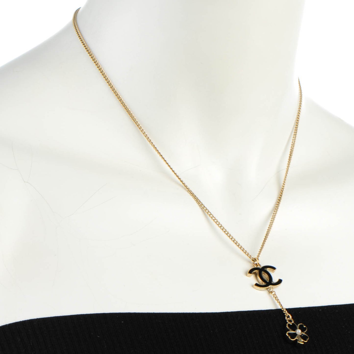 Enamel CC Camellia Flower Drop Necklace Black Gold