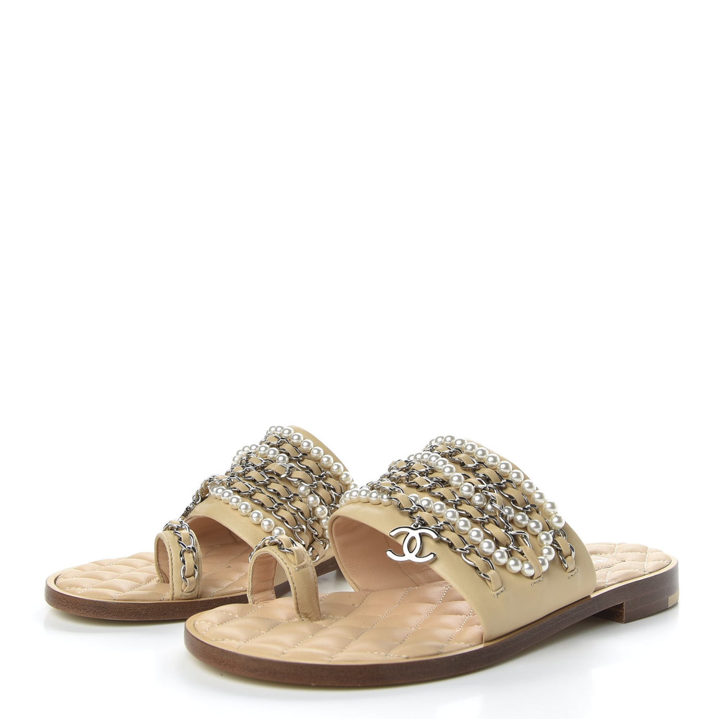 Pearl Lambskin Chain Flat Sandals 36 Beige
