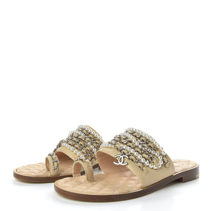 Chanel Pearl Lambskin Chain Flat Sandals 36 Beige 3 of 10