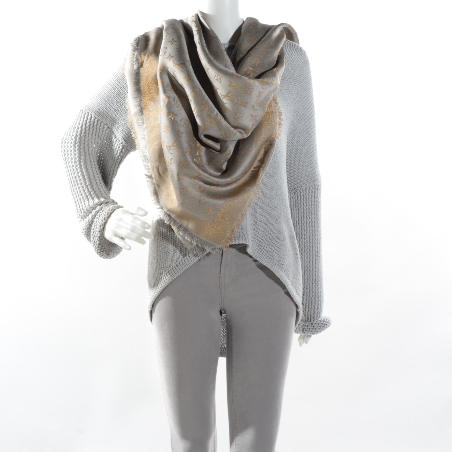 Louis Vuitton Silk Wool Monogram Shine Shawl Beige 2 of 5