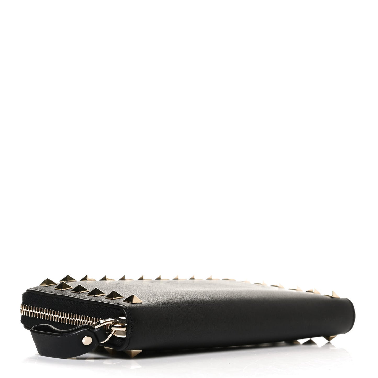 Pebbled Calfskin Rockstud Zip Around Wallet Black