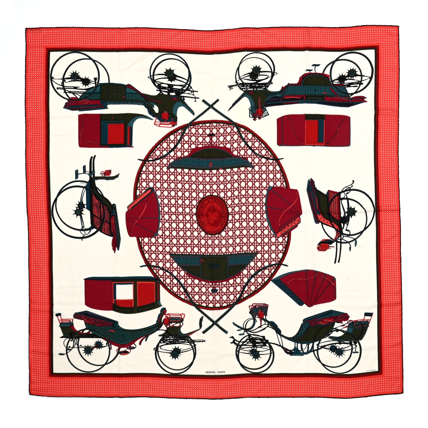 Hermes Cashmere Silk Les Voitures A Transformation Shawl 140 Naturel Rouge H Bleu 1 of 6