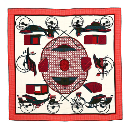 Hermes Cashmere Silk Les Voitures A Transformation Shawl 140 Naturel Rouge H Bleu 1 of 6