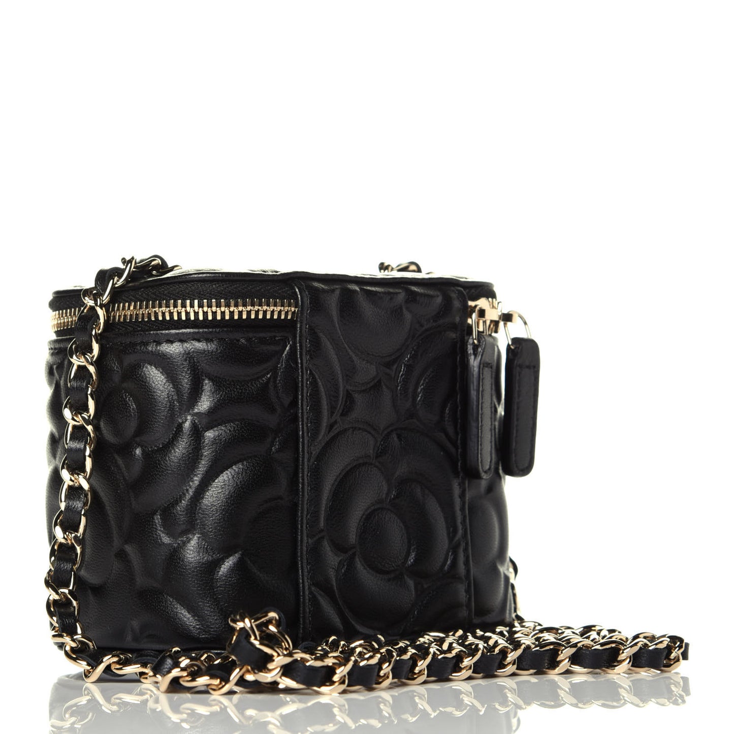 Lambskin Camellia Embossed Mini Vanity Case With Chain Black