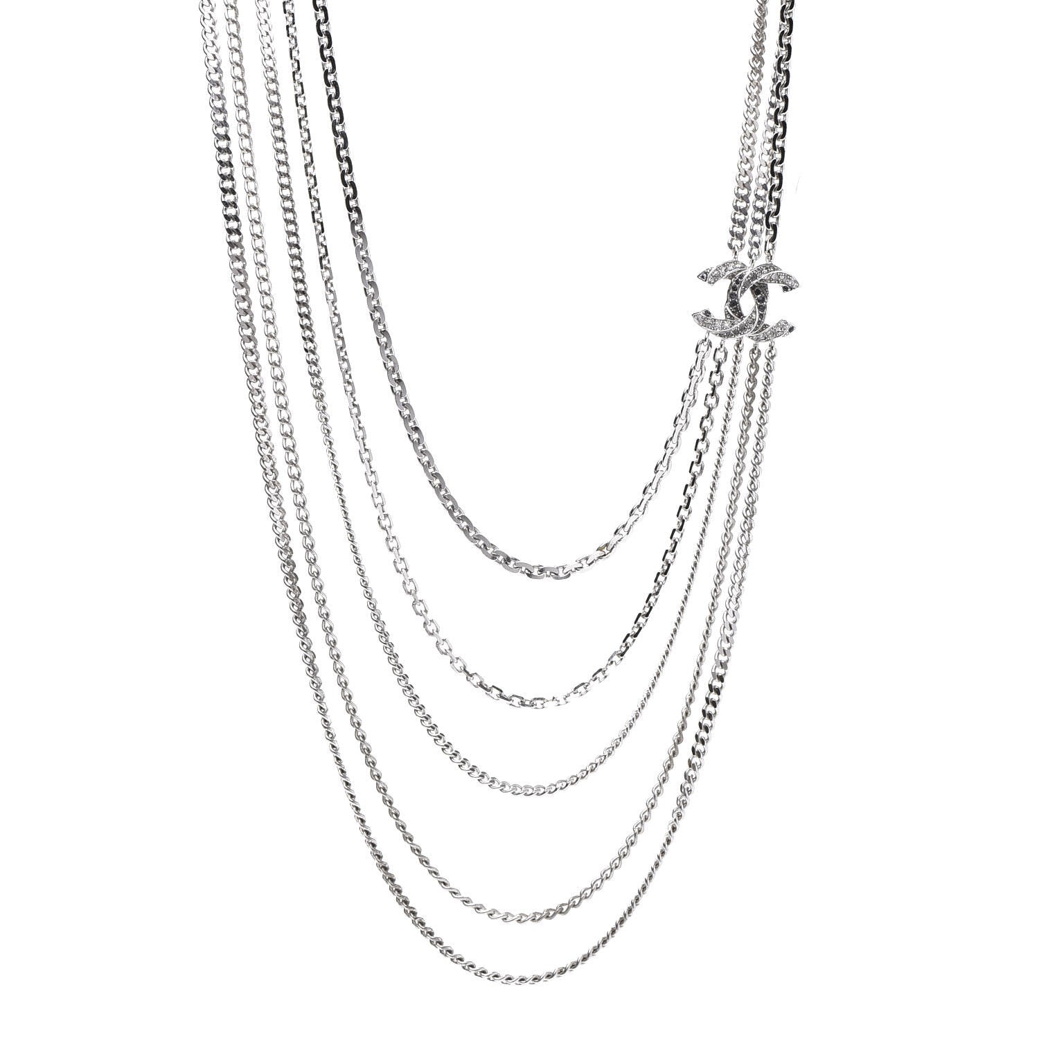 Chanel Crystal CC Multi Strand Chain Necklace Silver 1 of 8