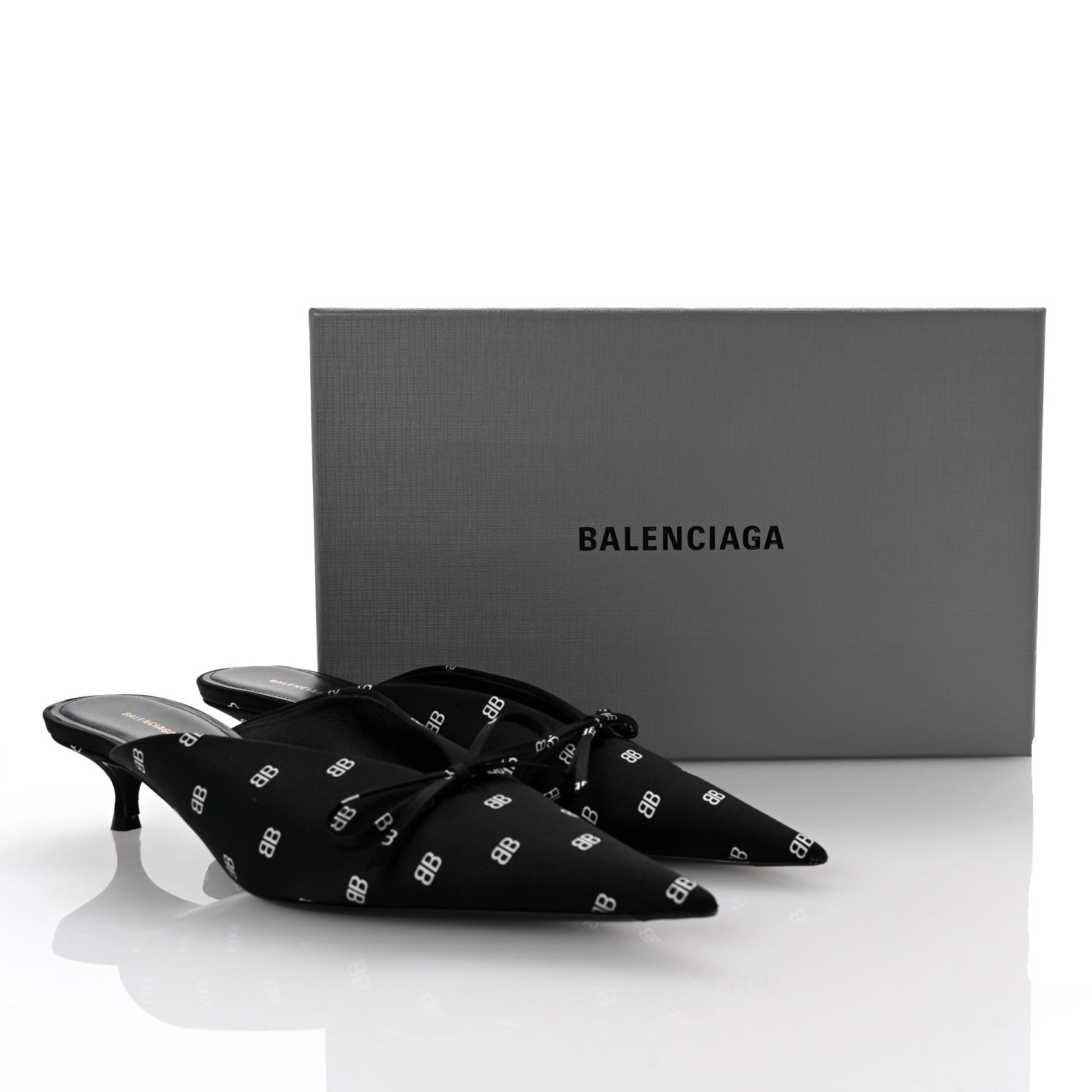 Balenciaga Crepe Satin BB Printed Knife Pointed Toe 40mm Mules 38 Black White 10 of 10