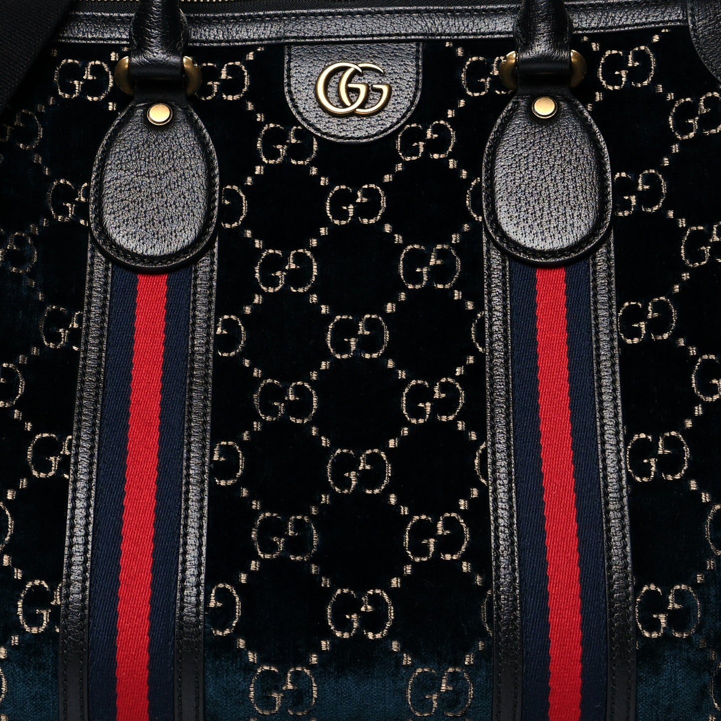 Velvet GG Monogram Textured Calfskin Web Medium Duffle Bag Blue Beige Black