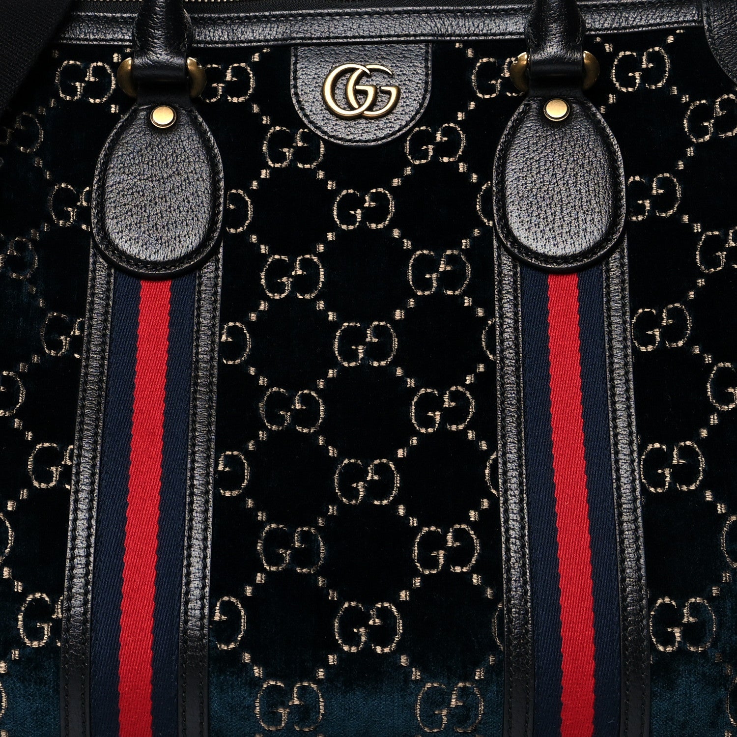 Gucci Velvet GG Monogram Textured Calfskin Web Medium Duffle Bag Blue Beige Black 9 of 13