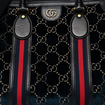 Gucci Velvet GG Monogram Textured Calfskin Web Medium Duffle Bag Blue Beige Black 9 of 13