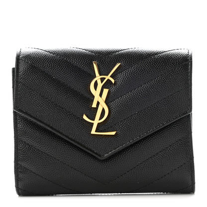 Saint Laurent Grain De Poudre Matelasse Chevron Monogram Compact Tri Fold Wallet Black 1 of 7