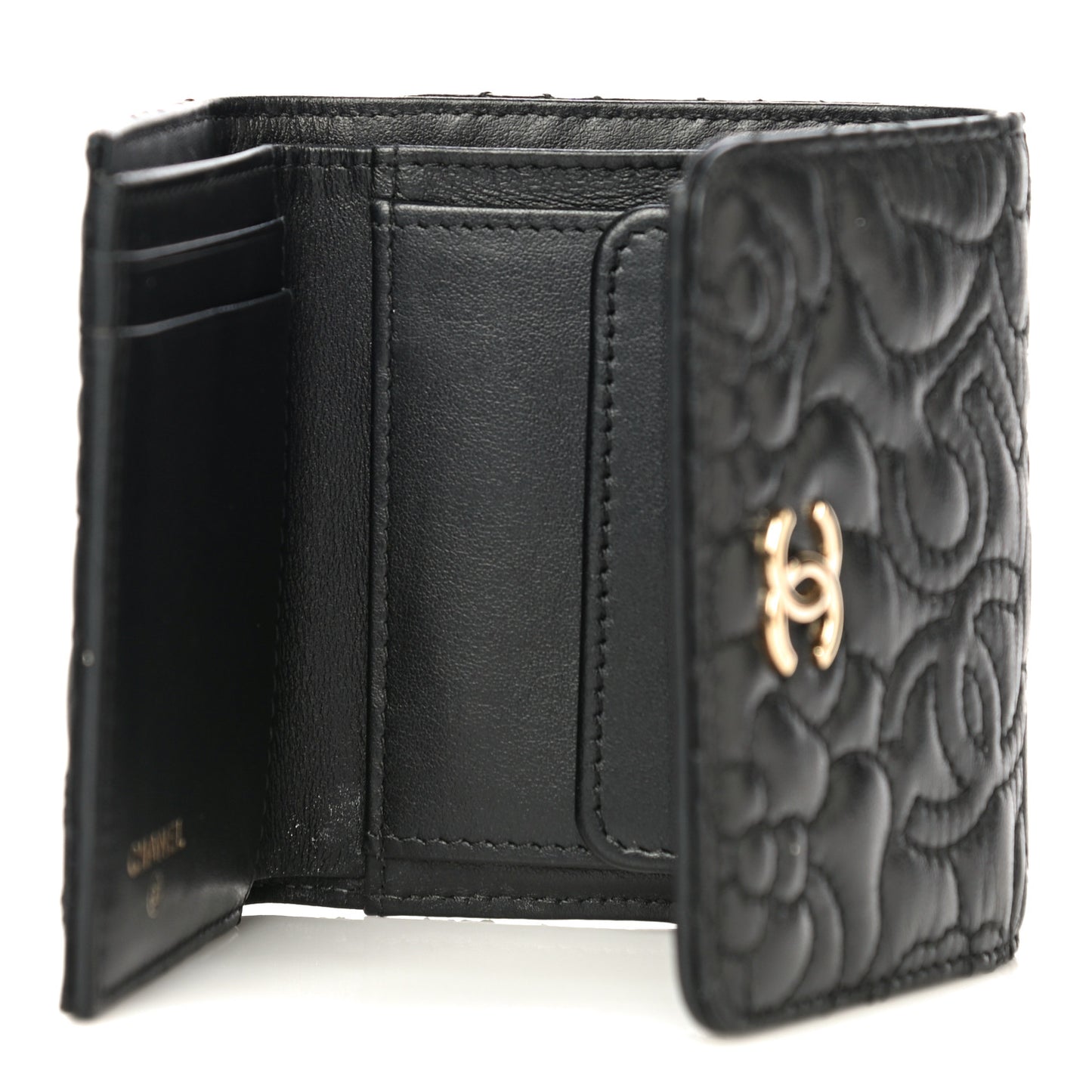 Lambskin Camellia Embossed Small Wallet Black