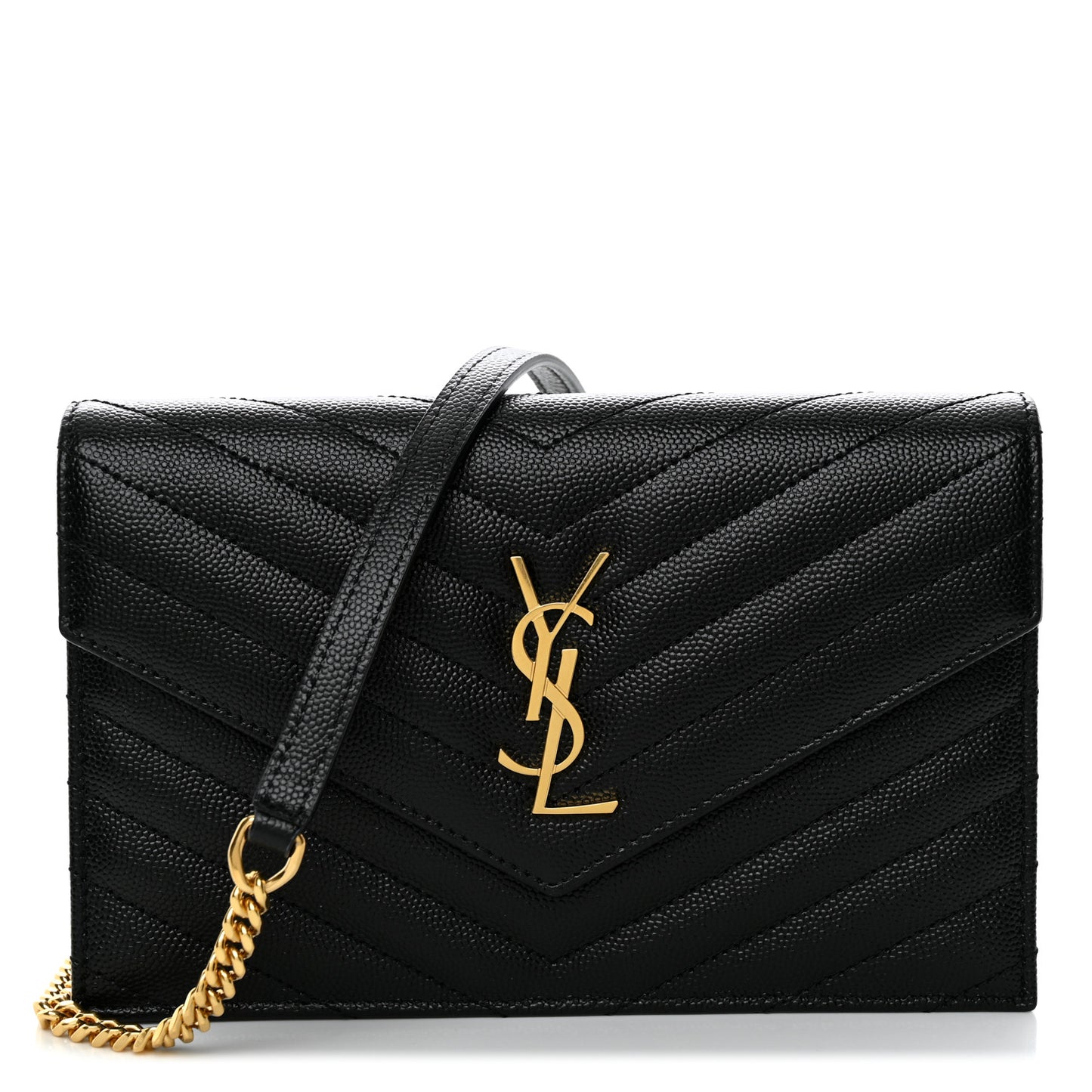 Grain De Poudre Matelasse Chevron Monogram Envelope Chain Wallet Black