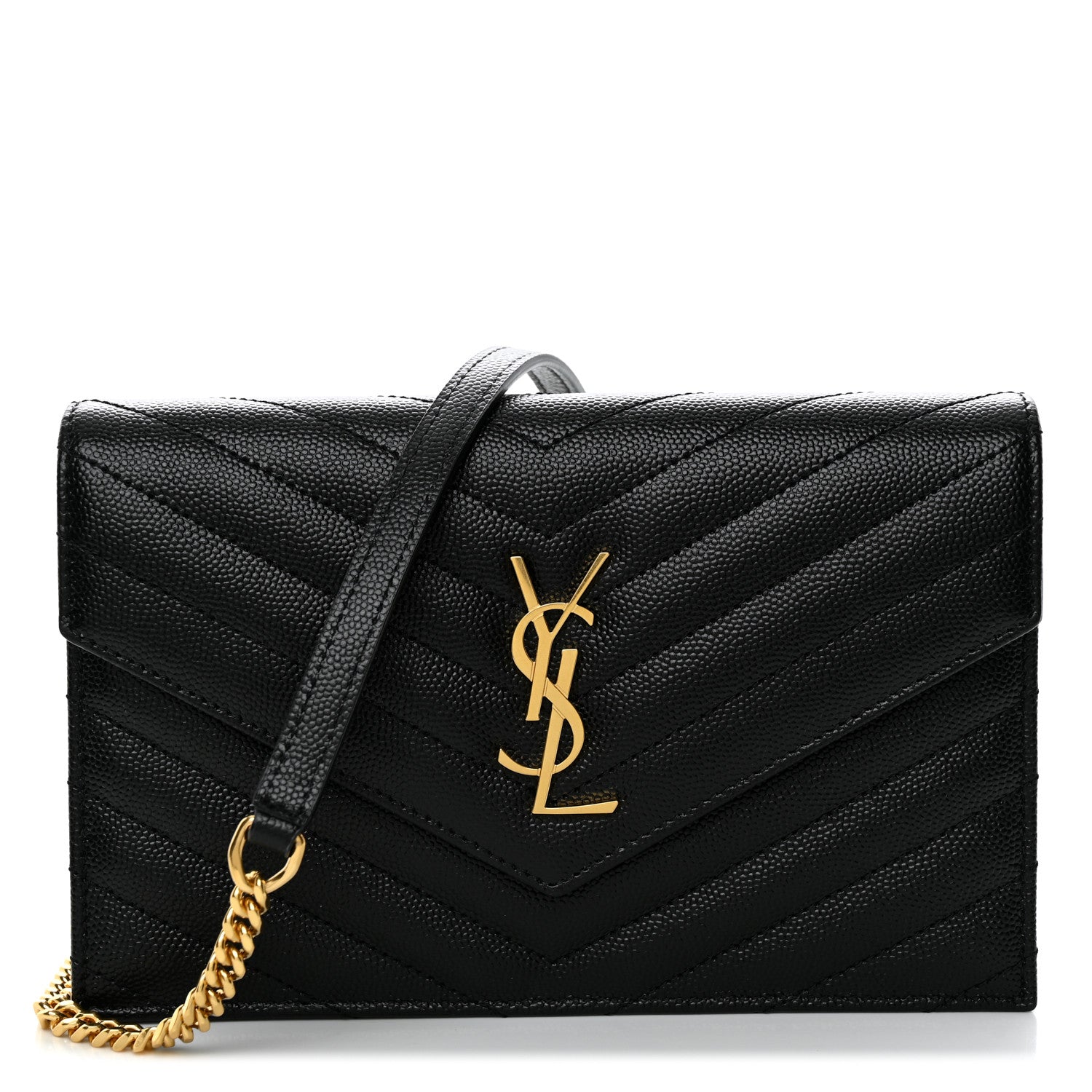 Saint Laurent Grain De Poudre Matelasse Chevron Monogram Envelope Chain Wallet Black 1 of 11