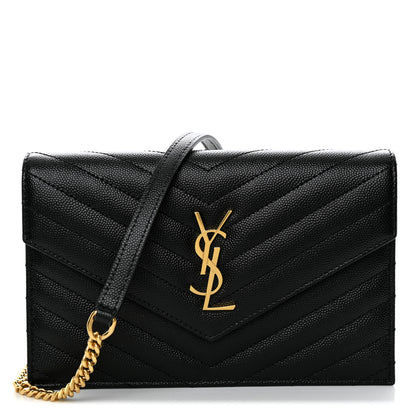Saint Laurent Grain De Poudre Matelasse Chevron Monogram Envelope Chain Wallet Black 1 of 11