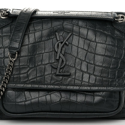 Saint Laurent Calfskin Crocodile Embossed Matelasse Monogram Baby Niki Chain Satchel Algea 8 of 10