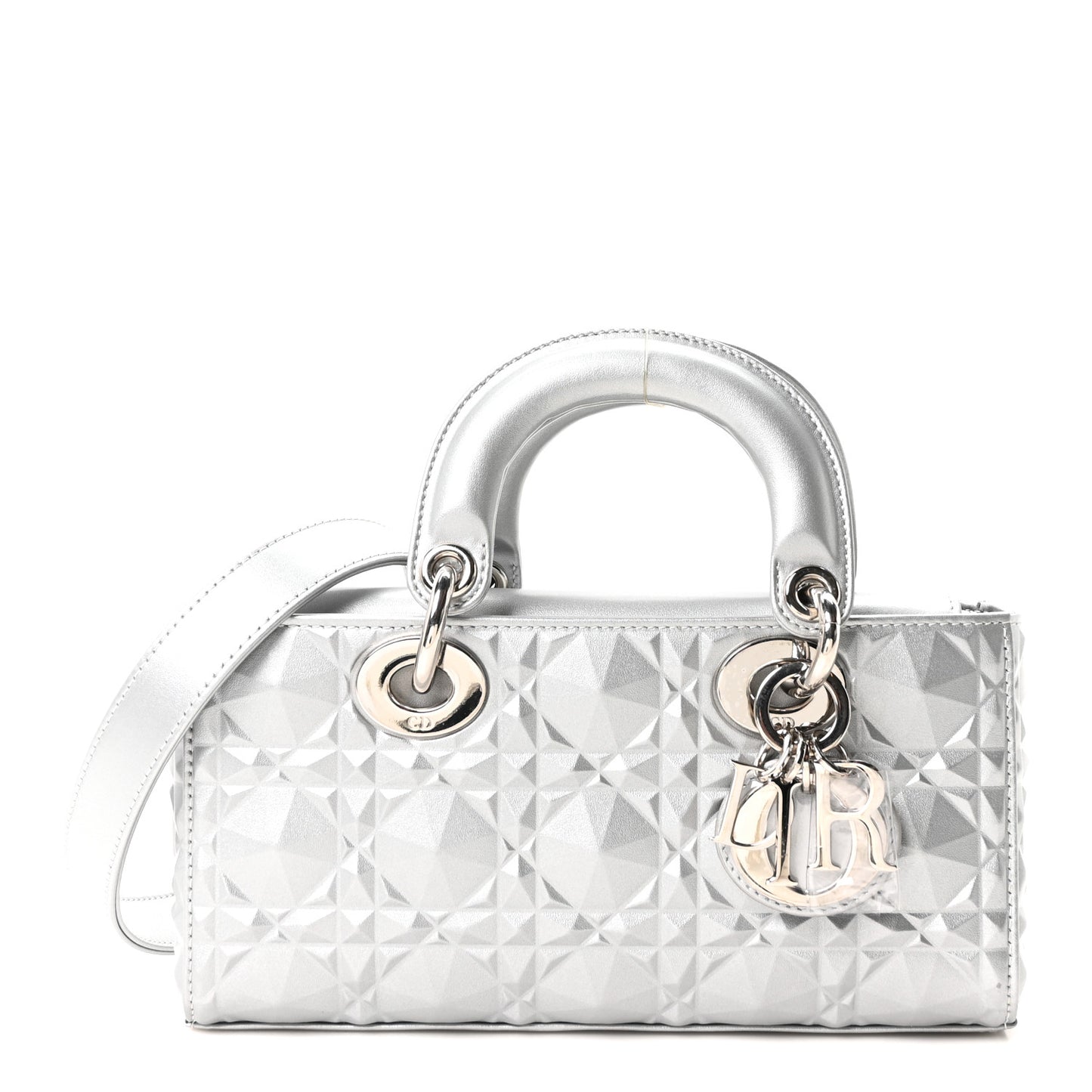 Metallic Calfskin Cannage Diamond Small Lady D-Joy Silver