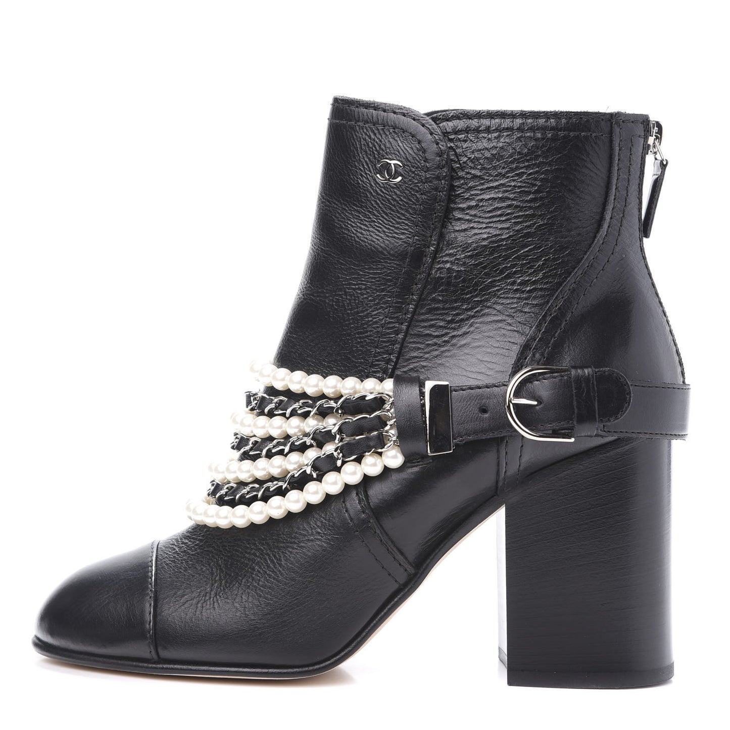 Calfskin Pearl Cap Toe Short Boots 40 Black