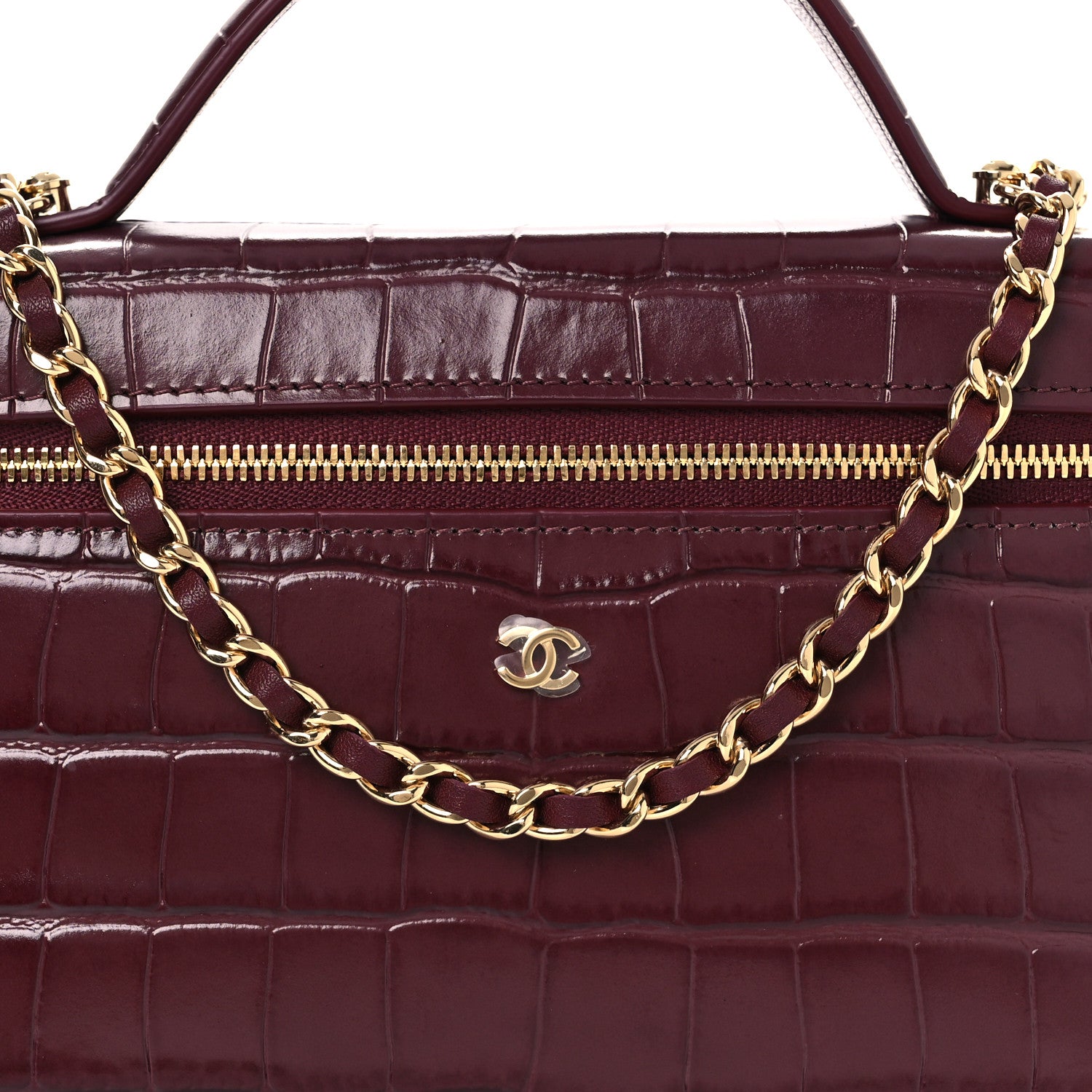 Chanel Calfskin Crocodile Embossed Crococo Top Handle Slim Vanity Case With Chain Dark Burgundy 8 of 12