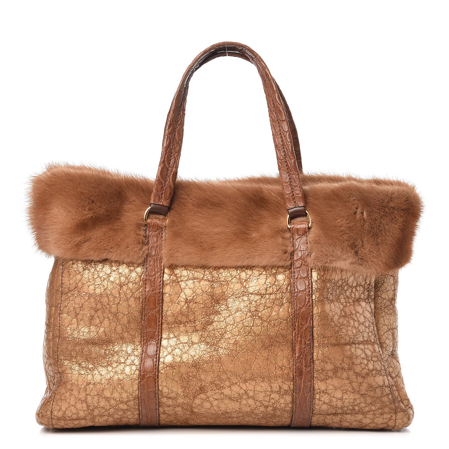 Metallic Suede Mink Shearling Crocodile Embossed Tote Gold