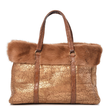 Prada Metallic Suede Mink Shearling Crocodile Embossed Tote Gold 1 of 9