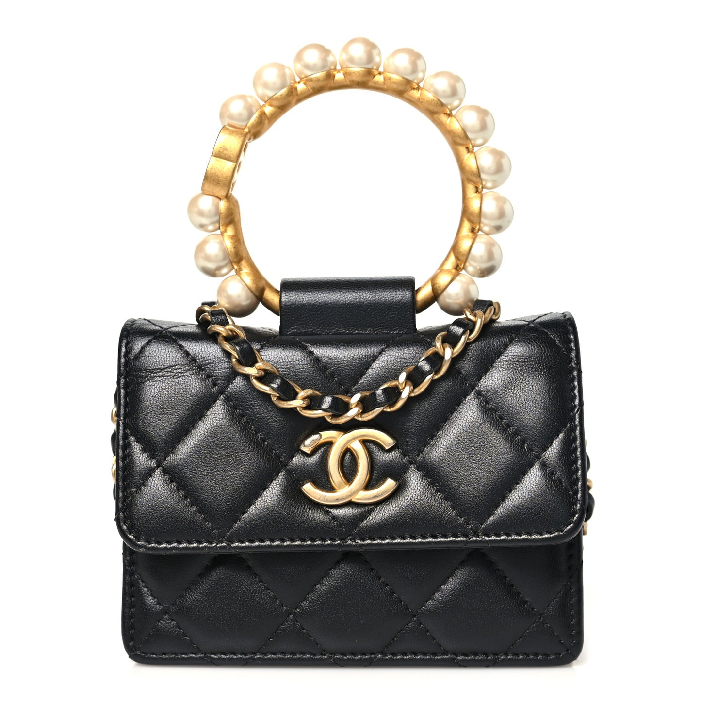 Lambskin Quilted Pearl Crown Clutch With Chain Black