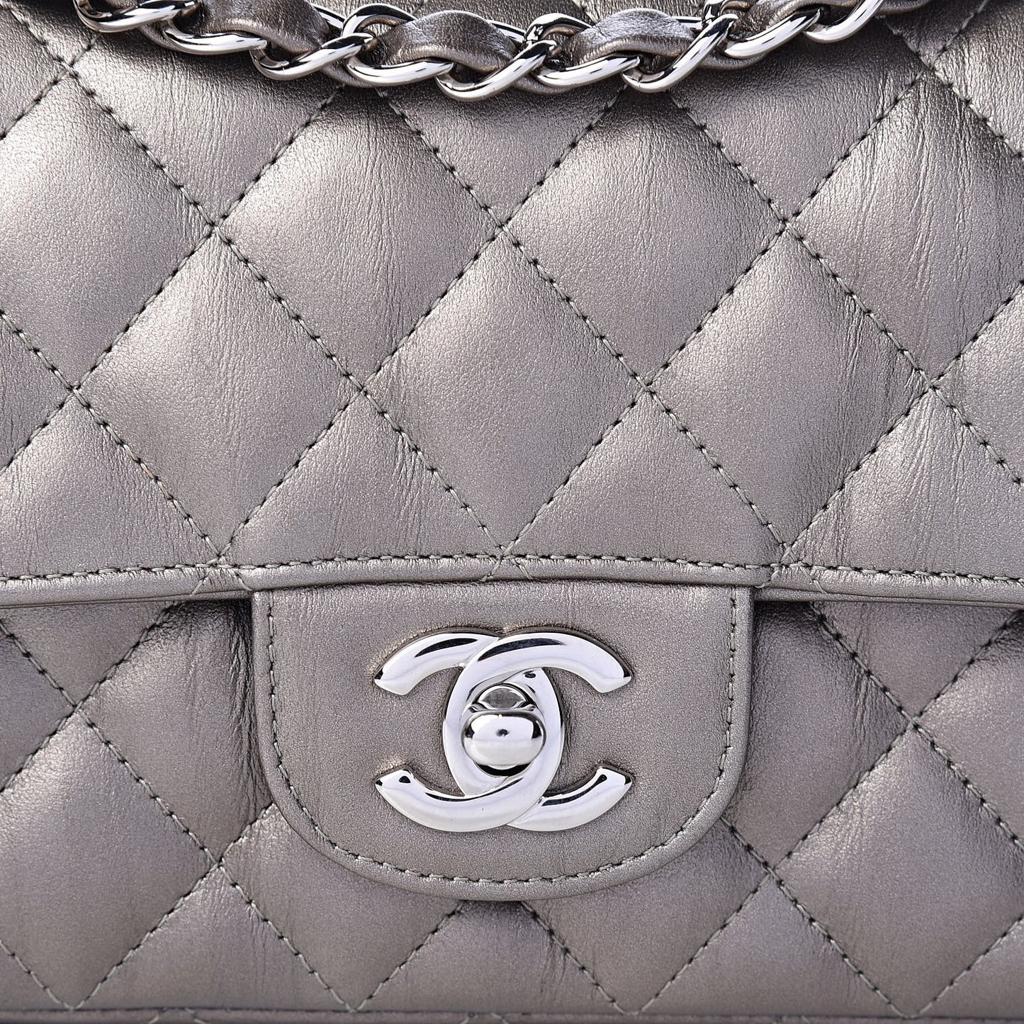 Iridescent Calfskin Quilted Mini Rectangular Flap Dark Silver