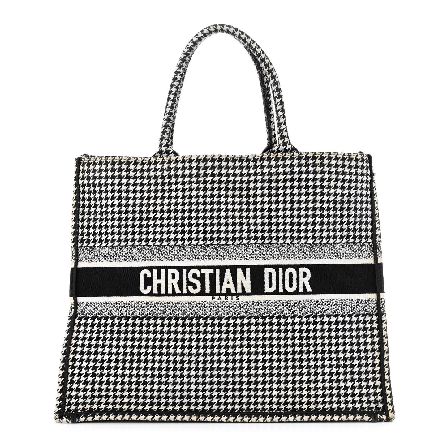Canvas Houndstooth Embroidered Book Tote Black White