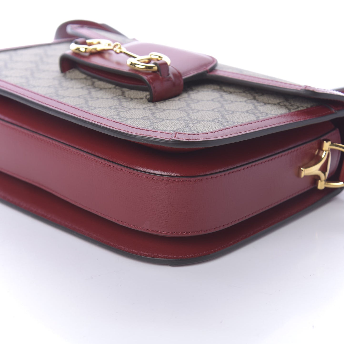GG Supreme Monogram Azalea Calfskin Horsebit 1955 Shoulder Bag Beige Ebony New Cherry Red