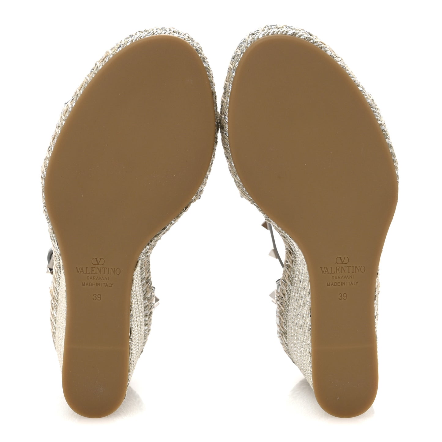 Metallic Grained Calfskin Rockstud Crisscross Ankle Strap Espadrille Wedge Sandals 39 Silver